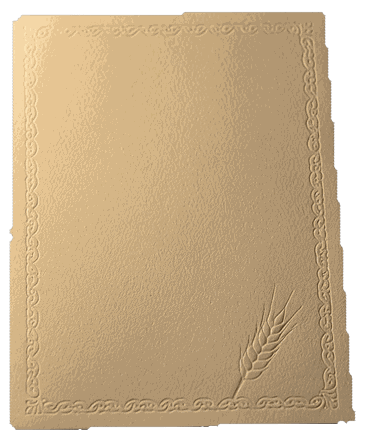 An embossed parchment card with a wheat stalk pressed into the corner