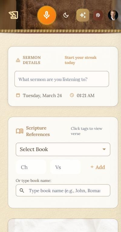 The Votional recording screen &mdash; sermon details, scripture references, and live transcription ready